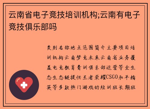 云南省电子竞技培训机构;云南有电子竞技俱乐部吗